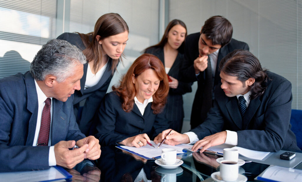 Office employees looking at proposals